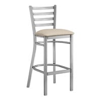 Lancaster Table & Seating Clear Coat Finish Ladder Back Bar Stool with 2 1/2" Light Gray Vinyl Padded Seat
