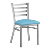 Lancaster Table & Seating Clear Coat Finish Ladder Back Chair with 2 1/2" Blue Vinyl Padded Seat