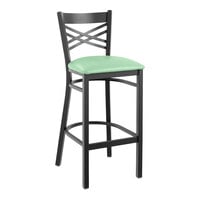 Lancaster Table & Seating Black Finish Cross Back Bar Stool with 2 1/2" Seafoam Vinyl Padded Seat - Detached