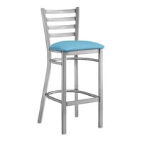 Lancaster Table & Seating Clear Coat Finish Ladder Back Bar Stool with 2 1/2" Blue Vinyl Padded Seat