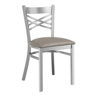 Lancaster Table & Seating Clear Coat Finish Cross Back Chair with 2 1/2" Dark Gray Vinyl Padded Seat - Detached