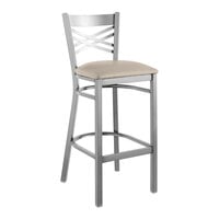 Lancaster Table & Seating Clear Coat Finish Cross Back Bar Stool with 2 1/2" Light Gray Vinyl Padded Seat