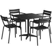 Lancaster Table & Seating 36 inch x 36 inch Black Powder-Coated Aluminum Standard Height Outdoor Table with Umbrella Hole and 4 Arm Chairs