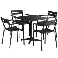 Lancaster Table & Seating 32 inch x 32 inch Black Powder-Coated Aluminum Standard Height Outdoor Table with Umbrella Hole and 4 Arm Chairs