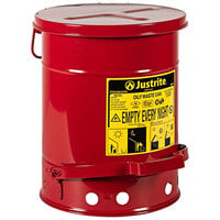Justrite 6 Gallon Red Hands-Free Oily Waste Can with SoundGard Cover