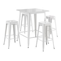 Lancaster Table & Seating Alloy Series 31 1/2" x 31 1/2" Pearl White Bar Height Outdoor Table with 4 Backless Barstools