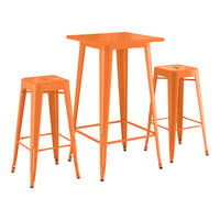 Lancaster Table & Seating Alloy Series 23 1/2" x 23 1/2" Amber Orange Bar Height Outdoor Table with 2 Backless Barstools