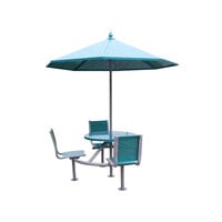 Paris Site Furnishings Sombra 40" Round Surface Mount Perforated Steel ADA Accessible Picnic Table with 3 Attached Blue Chairs and Umbrella