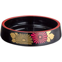 Emperor's Select 9 1/2" Black Floral Decal Sushi Tray with Red Rim