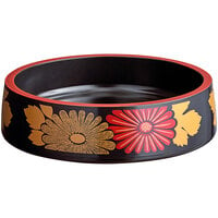 Emperor's Select 8 1/2" Black Floral Decal Sushi Tray with Red Rim