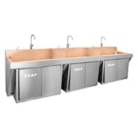 Just Manufacturing CU-JKS-770-3-S-P Hands Free Copper Wall-Hung Triple Bowl Scrub Sink with Sensor Faucets and Knee Operated Soap - 72" x 17 1/2" x 11" Bowl