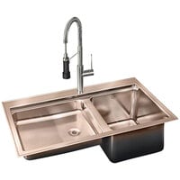 Just Manufacturing CuJPD-14-R-2237-T 2 Compartment Copper Drop-In Sink with Right 18" Shallow Compartment and Pre-Rinse Faucet - 37" x 22"