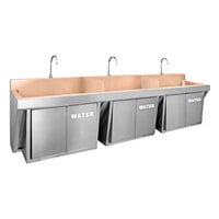 Just Manufacturing CU-JKS-770-3-NP Hands Free Copper Wall-Hung Triple Bowl Scrub Sink with Knee Operated Faucets - 72" x 17 1/2" x 11" Bowl