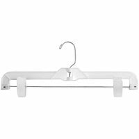 14" White Plastic Heavy-Weight Skirt / Pant Hanger with Long Chrome Hook and Plastic Clips - 100/Pack