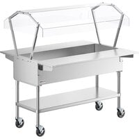 ServIt CFT4KTS Stainless Steel 4 Pan Ice-Cooled Food Table with 2-Sided Sneeze Guard, Side Trays, and 5" Casters