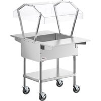 ServIt CFT2KTS Stainless Steel 2 Pan Ice-Cooled Food Table with 2-Sided Sneeze Guard, Side Trays, and 5" Casters