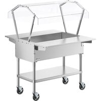 ServIt CFT3KTS Stainless Steel 3 Pan Ice-Cooled Food Table with 2-Sided Sneeze Guard, Side Trays, and 5" Casters