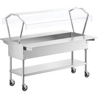 ServIt CFT5KTS Stainless Steel 5 Pan Ice-Cooled Food Table with 2-Sided Sneeze Guard, Side Trays, and 5" Casters