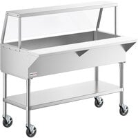 ServIt CFT4KA Stainless Steel 4 Pan Ice-Cooled Food Table with Angled Sneeze Guard and 5" Casters