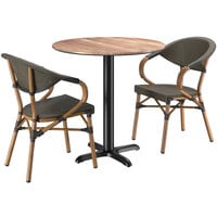 Lancaster Table & Seating Excalibur Bistro Series 31 1/2" Round Yukon Oak Standard Height Table with 2 Brown Arm Chairs