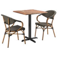 Lancaster Table & Seating Excalibur Bistro Series 27 1/2" Square Yukon Oak Standard Height Table with 2 Brown Arm Chairs
