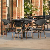 Lancaster Table & Seating Excalibur 36 inch Square Paladina Standard Height Table with 4 Black French Bistro Arm Chairs