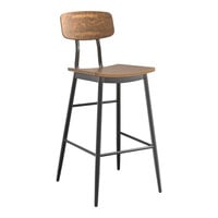 Lancaster Table & Seating Mid-Century Black Barstool with Vintage Wood Seat and Backrest