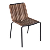 BFM Seating Captiva Stackable Outdoor / Indoor Black Aluminum and Brown Rope Wicker Side Chair