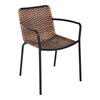 BFM Seating Captiva Stackable Outdoor / Indoor Black Aluminum and Brown Rope Wicker Arm Chair