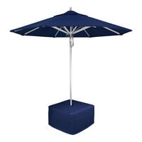 California Umbrella 9' Round Sunbrella Spectrum Indigo Pulley Lift Umbrella with Base and Seat Cushion