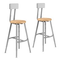 National Public Seating Titan 24" - 32" Height Adjustable Gray Steel / Oak Lab Stool with Backrest - 2/Pack
