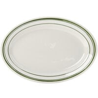 Tuxton TGB-013 Green Bay 11 5/8" x 8" Eggshell Wide Rim Rolled Edge Oval China Platter with Green Bands - 12/Case