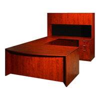 Boss Holland Series 71" Mahogany Bow Front Laminate Desk Module with Hutch, Bridge, Storage Pedestal, and Credenza