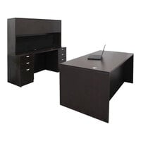 Boss Holland Series 66" Mocha Laminate Desk Module with Hutch, Dual Storage Pedestals, and Credenza