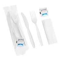 Choice White Heavy Weight Wrapped Plastic Fork and Knife Cutlery Pack with Napkin and Salt and Pepper Packets - 250/Case
