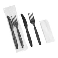 Choice Black Heavy Weight Wrapped Plastic Fork and Knife Cutlery Pack with Napkin - 250/Case