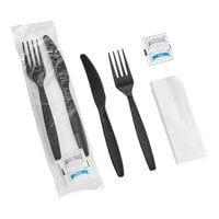 Choice Black Heavy Weight Wrapped Plastic Fork and Knife Cutlery Pack with Napkin and Salt and Pepper Packets - 250/Case
