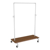 Econoco Pipeline 42 1/2" x 23 3/8" x 72" Gloss White Ballet Garment Rack with Adjustable Hangrail and Brown Base Shelf