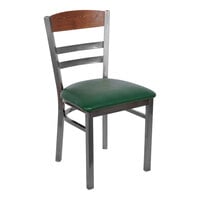 BFM Seating Barrick Clear Coat Steel Side Chair with Autumn Ash Wood Back Panel and Green Vinyl Seat