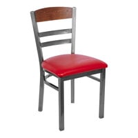 BFM Seating Barrick Clear Coat Steel Side Chair with Autumn Ash Wood Back Panel and Red Vinyl Seat