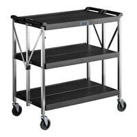 Lavex 36 5/8" x 20" x 36 5/8" Large Black 3-Shelf Folding Plastic Utility Cart with Ergonomic Handles