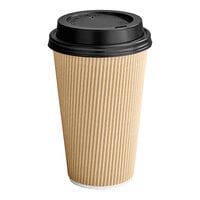 Choice 16 oz. Double Wall Ripple Kraft Paper Hot Cup and Black Lid - 100/Pack