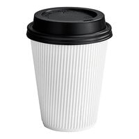Choice 12 oz. Double Wall Ripple White Paper Hot Cup and Black Lid - 100/Pack