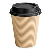 Choice 12 oz. Double Wall Ripple Kraft Paper Hot Cup and Black Lid - 100/Pack