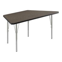Correll EconoLine 26" x 58" Trapezoid Walnut 19"-29" Adjustable Height Melamine Top Activity Table with Silver Legs and Black T-Mold
