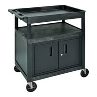 Luxor 32" x 24" x 39 7/8" Black Plastic 3-Shelf Utility Flat / Tub Cart with Locking Cabinet TC122C-B