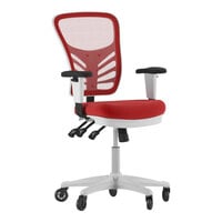 Flash Furniture Nicholas Red Mesh Mid-Back Swivel Ergonomic Office Chair with White Base, Adjustable Arms, and Roller Wheels