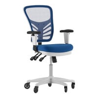 Flash Furniture Nicholas Blue Mesh Mid-Back Swivel Ergonomic Office Chair with White Base, Adjustable Arms, and Roller Wheels