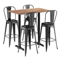 Lancaster Table & Seating Excalibur 27 1/2" x 47 3/16" Rectangular Textured Yukon Oak Bar Height Table with 4 Alloy Series Black Outdoor Cafe Barstools