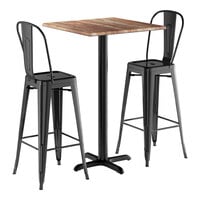 Lancaster Table & Seating Excalibur 27 1/2" x 27 1/2" Square Textured Yukon Oak Bar Height Table with 2 Alloy Series Black Outdoor Cafe Barstools